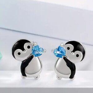 Cute Penguin design Rhinestone Stud Earrings set